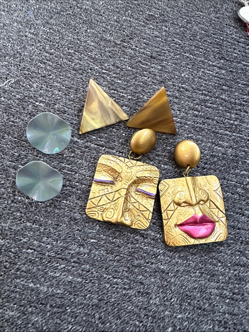 Gold Tribal Face, tan brown, and iridescent gray earrings. Vintage costume 90s